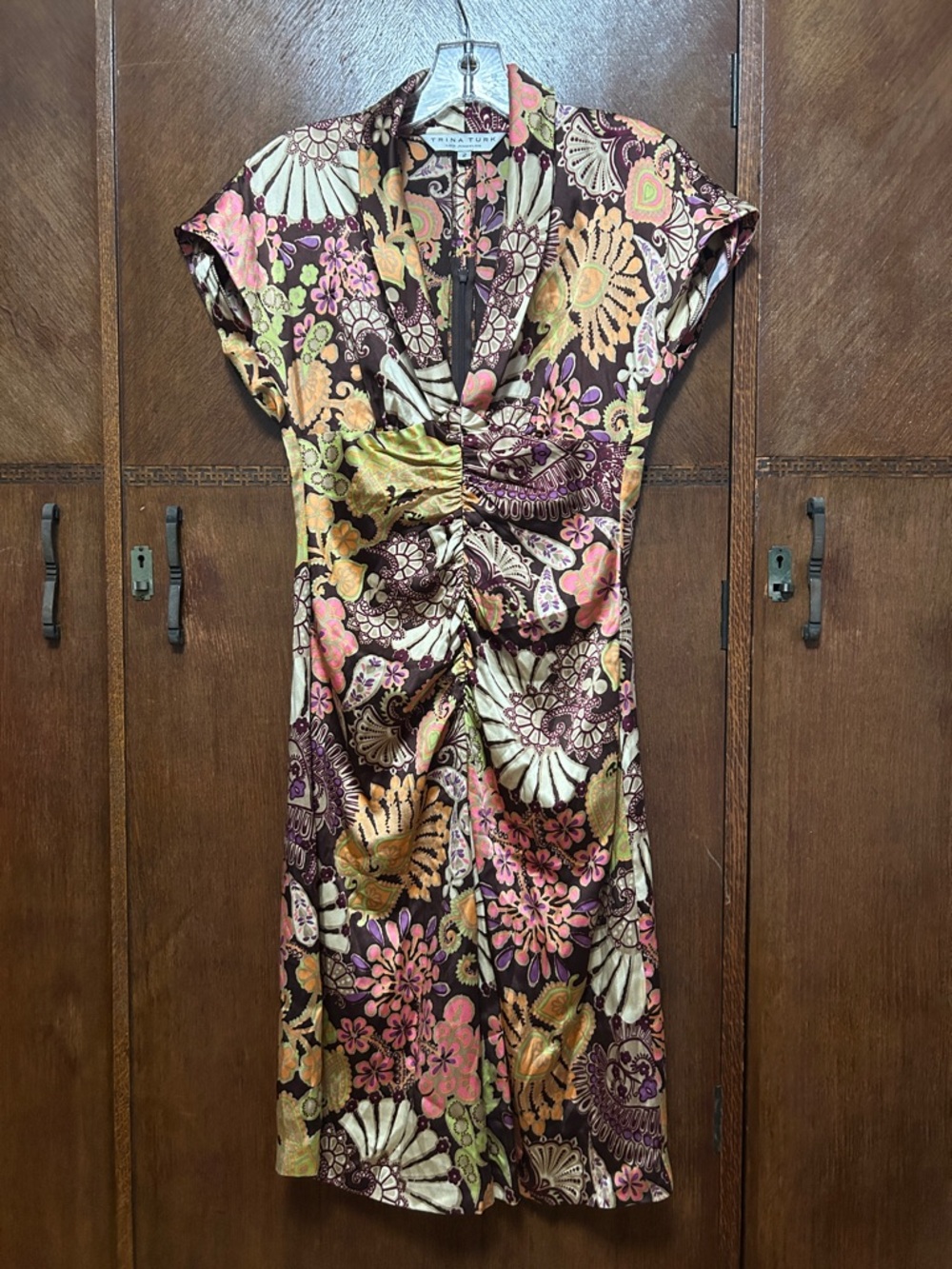 Trina Turk Brown Floral Midi Dress with Pink & Gold Accents. Back zipper size 2